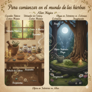 Mesa de madera con un altar mágico y herramientas como mortero y velas.