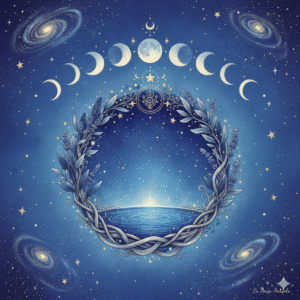 Reloj de arena y fases lunares representando el sincronismo mágico.