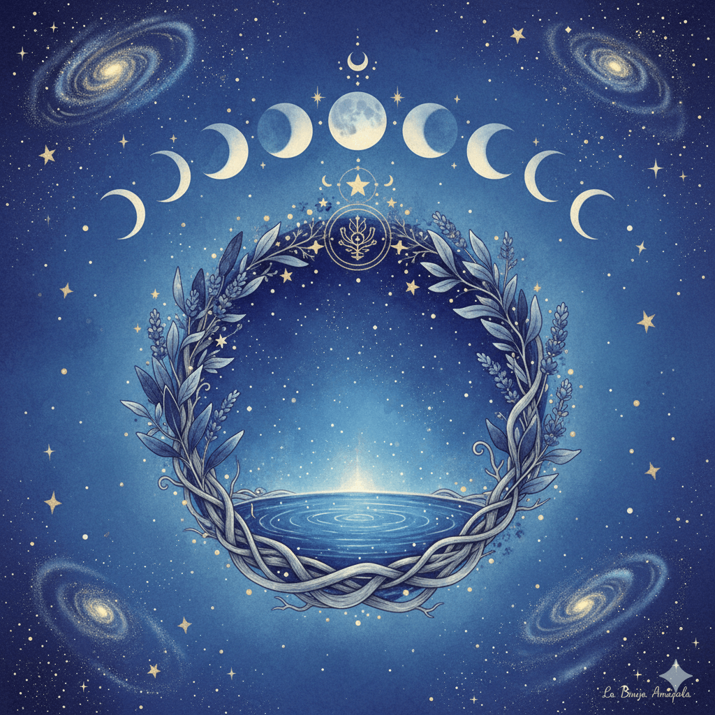 Reloj de arena y fases lunares representando el sincronismo mágico.