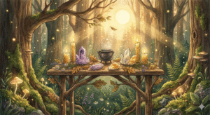 Altar natural místico con velas encendidas