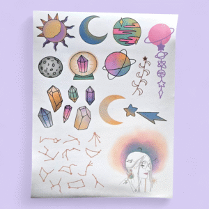 Muestra de los 20 modelos de Hojas Decoradas La Bruja Amapola: incluye punteadas, temáticas, rayadas, cuadro chico y hexágono tipo panal.