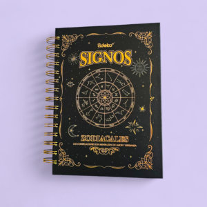Libreta Ädeko Signos Zodiacales de espiral dorado con pasta dura negra. La libreta contiene 100 hojas negras y es ideal para escritura y arte con tinta clara.